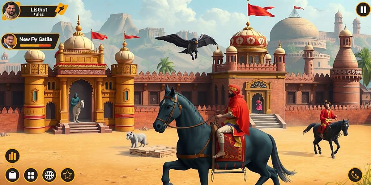 Mace Rajputana Ruler gameplay showing a Rajput fort with various buildings and resources